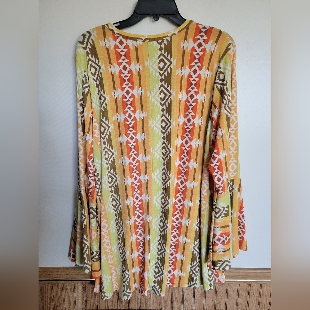 L&B Women's Southwestern Bell Sleeve Front Knot Flowy Blouse - Picture 6 of 7